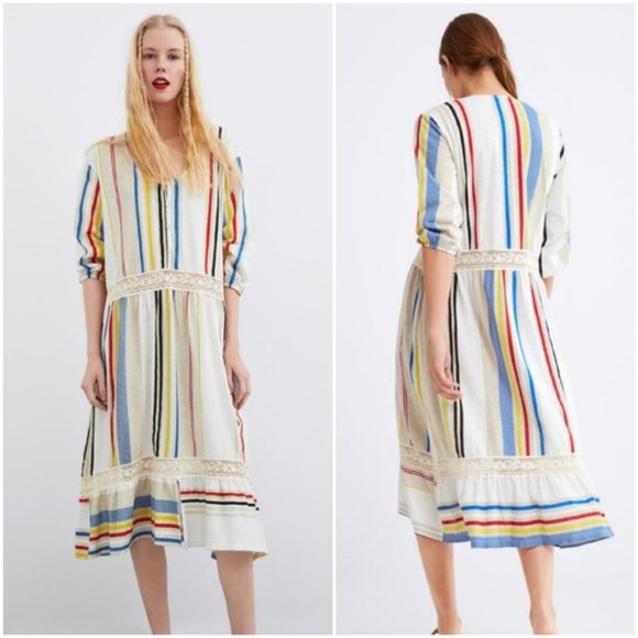 ZARA Combined Striped Lace Boho Mod MIDI Dress M - Picture 3 of 15